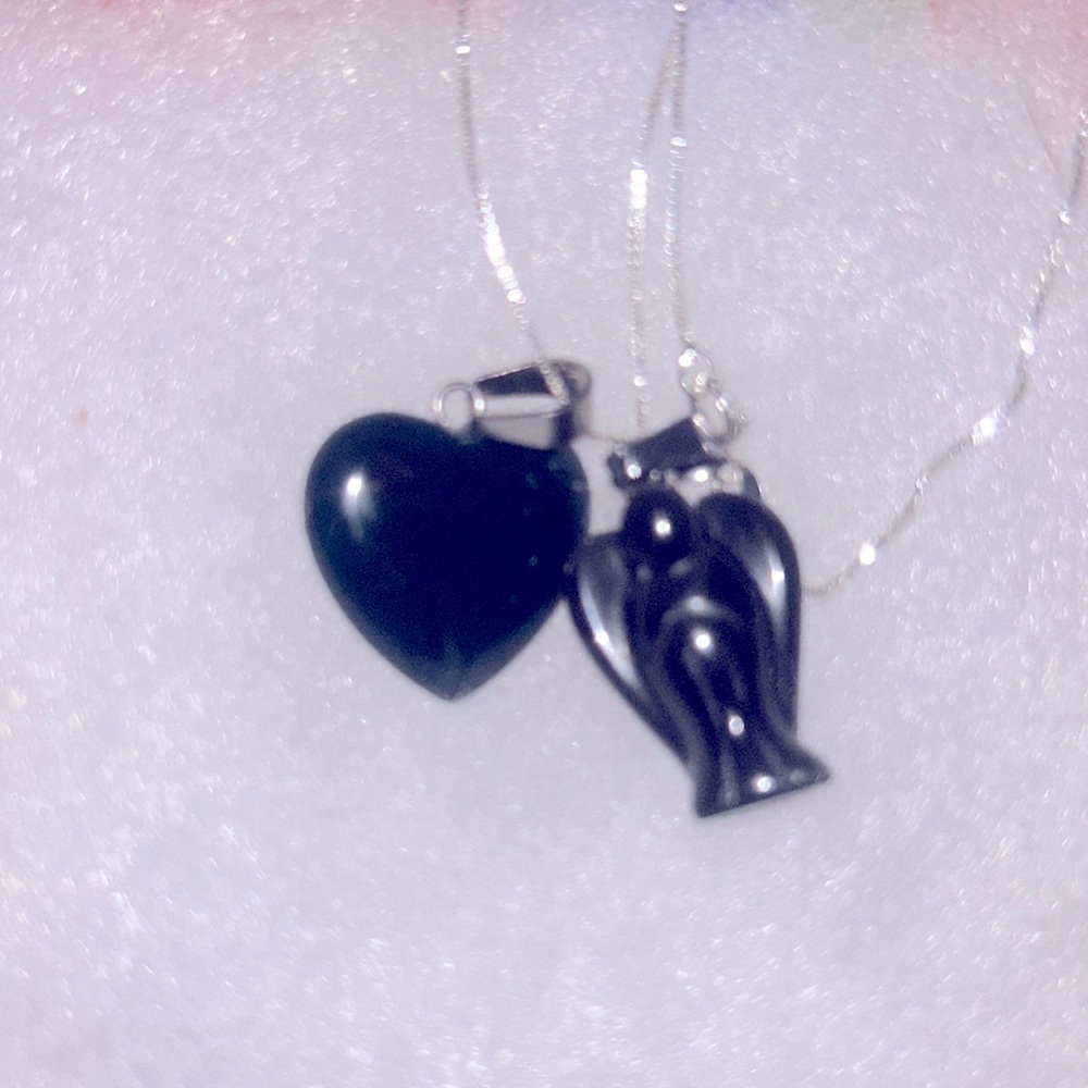 Boho Onyx Crystal Angel and Heart Sterling Silver Necklace 16”